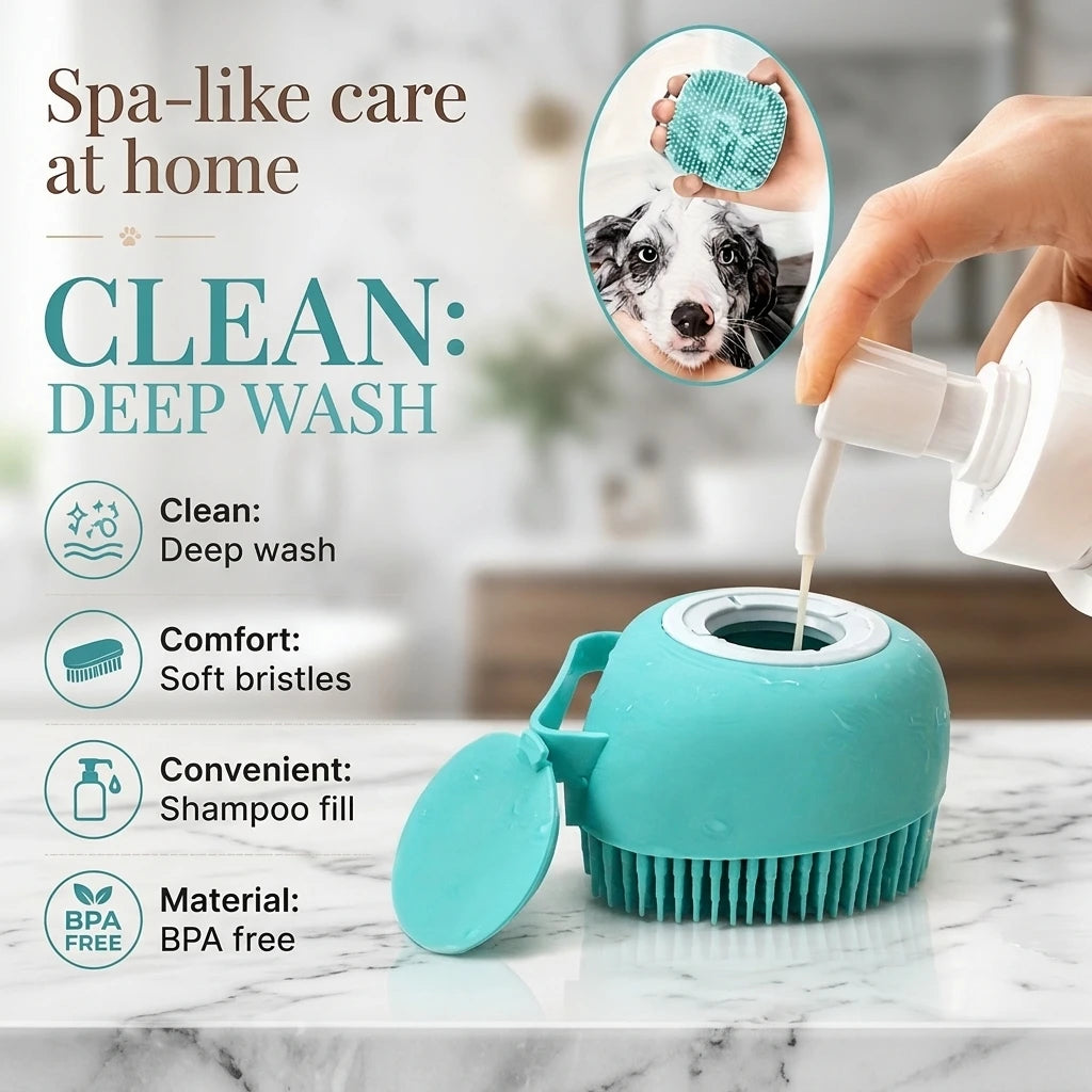 Portable Dog Bath Brush with Soap Dispenser Soft Silicone Massager Shampoo Container Grooming Scrubber for Short Long Hair Pets