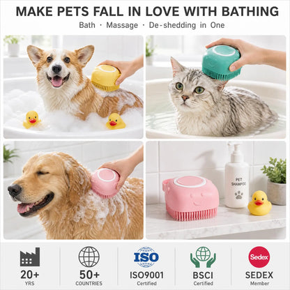 Portable Dog Bath Brush with Soap Dispenser Soft Silicone Massager Shampoo Container Grooming Scrubber for Short Long Hair Pets